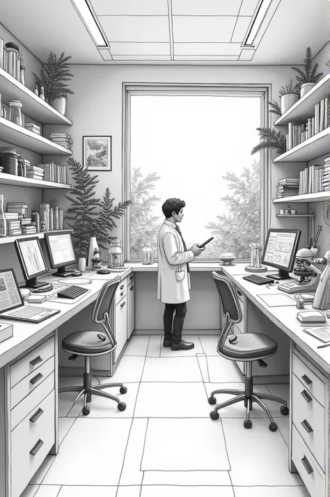 “A detailed pencil-drawn illustration of a futuristic science scene on A4 paper. The image showcases a well-organized laboratory with various scientific equipment, including beakers, microscopes, and computer screens displaying complex data. The scientist ...