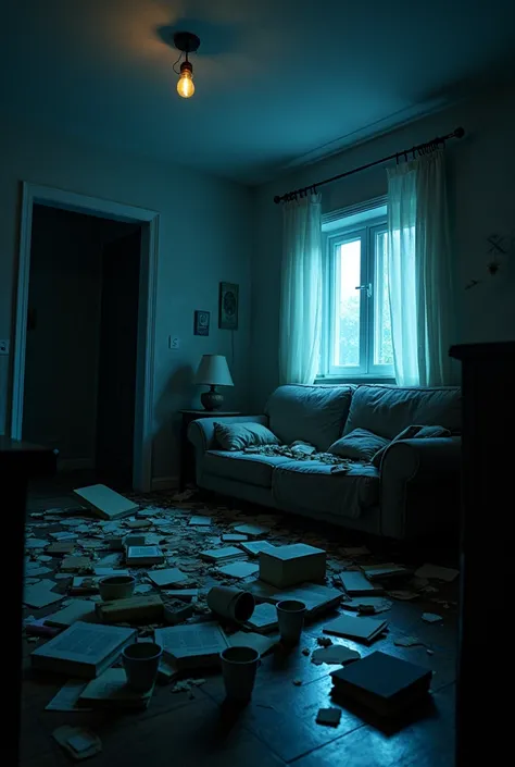 living room of the house at night, dark and messy, with lots of objects scattered around and the sofa upside down.