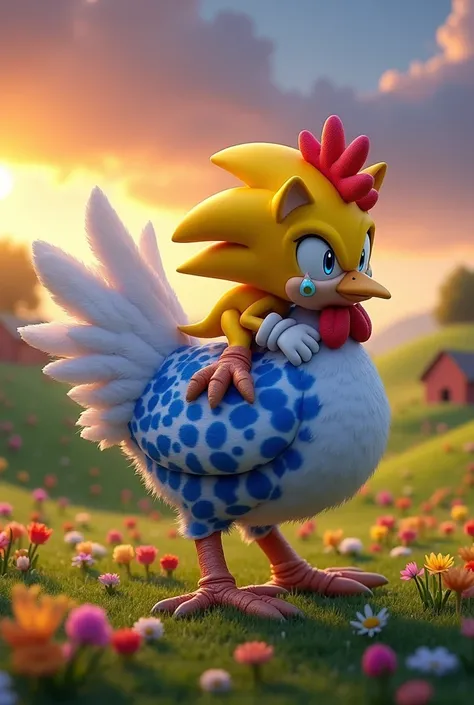 Yellow Sonic on top of the blue spotted chicken is the chicken crying 