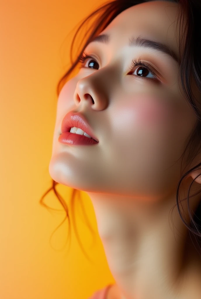 Japanese、Natural Skin、Flawless, She has smooth skin and a gentle yet seductive expression.、Design a breathtaking female close-up. The lips are soft and slightly curved., A smile that is barely visible suggests something deeper, Inner confidence. She tilts ...