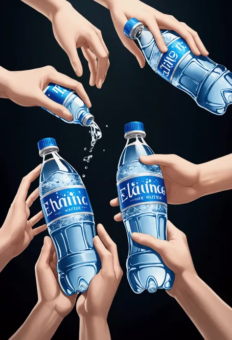 The five hands, which are half-opened from the elbows on the right side of the frame, are taking a bottle of mineral water from the hip, which is half visible and coming out from the left side of the frame.