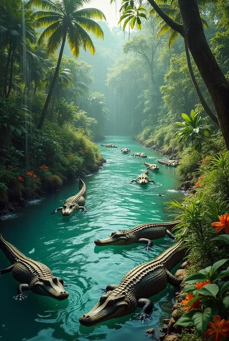 Create crocodiles in a jungle with lots of water more water more crocodiles more vegetation more vegetation more water