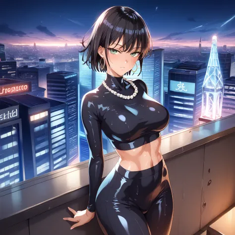 (safe for work), 1 female, yusuke murata style, fubuki from one punch man, anime-style face, sexy face, leaning on balcony, back...