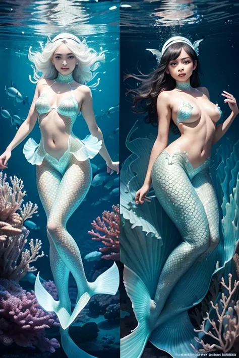 A sexy 13-yr Asian girl is illuminating(( wearing a fish head band))(( wearing transparent  mermaids costume sexy full body detail anatomy figure)), wearing transparent one piece scally detailed on skin, wearing scally fish like skin texture body, lifting ...