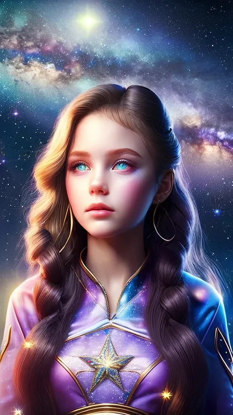 A girl gazing at the North Star, exposed for 1 hour, detailed portrait, beautiful detailed eyes, beautiful detailed lips, extremely detailed face, long eyelashes, fantasy, dreamy, starry night sky, milky way, northern lights, cinematic lighting, vibrant co...