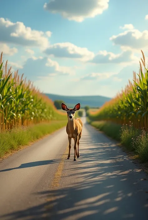 A deer crossing a road near a cornfield 