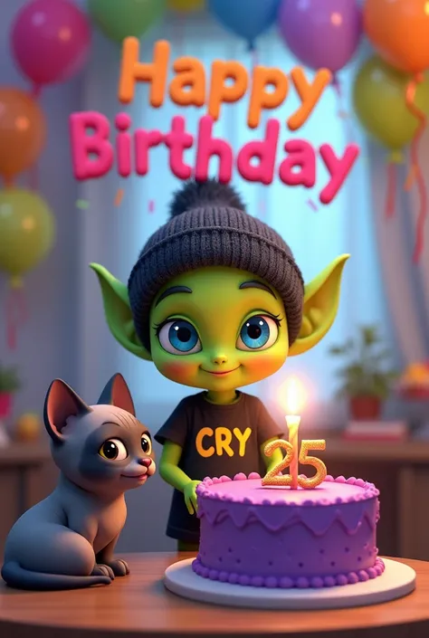 small green male alien, sonrriendo, with a tender face, blue eyes, dressed in a black beanie, Black t-shirt with the name CRY, with a purple cake with a 25th birthday candle, accompanied by a gray Sphynx cat and a pug dog, with large text at the top that s...