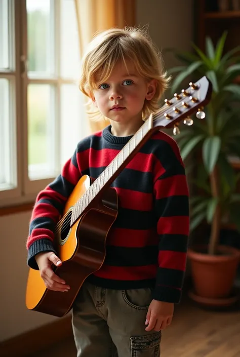 Make me an illustration of a blond boy with slightly messy hair that reaches his shoulders, blue eyes and white skin dressed in a red and black striped sweater and baggy pants, that his face is boring and that he has a guitar that he plays with his left ha...