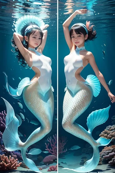 A sexy 13-yr Asian girl is illuminating(( wearing a fish head band))(( wearing transparent  mermaids costume sexy full body detail anatomy figure)), wearing transparent one piece scally detailed on skin, wearing scally fish like skin texture body, lifting ...