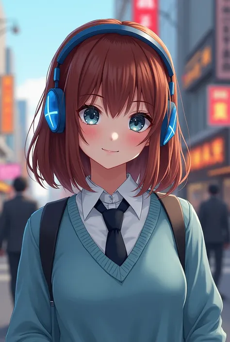 (photorealism:1.2), Hair: Medium length, brown-red, with bangs sweeping over the right side.
 * Eyes: Dark blue.
 * Body: Average height (159 cm), slender build.
 * Other: Often wears a light blue sweater over her uniform, and has black ties. Her noticeabl...