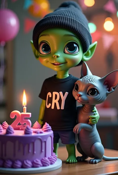 small green male alien, sonrriendo, with a tender face, blue eyes, dressed in a black beanie, Black t-shirt with the name CRY, with a purple cake with a 25th birthday candle, accompanied by a gray Sphynx cat and a pug dog, with large text at the top that s...