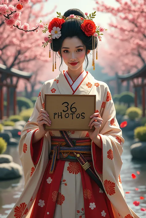 a geisha warrior,Grinning, holding a written sign: 36 Photos