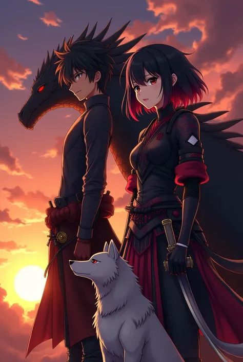 Two anime characters: Uma mulher com slightly dark skin com olhos castanhos. Her hair is short with black roots and the rest of her hair is reddish purple with bangs and a layered cut.. She wears armor with red details and the armor is black. Beside him is...