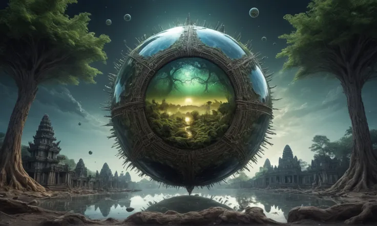 Glass sphere, close-up of a planet with a bunch of trees on it, overgrown planet, green planet, Fractal World, A lush world of fantasy, fantasy planet, Dyson sphere,  planetary landscape, round planet inspired by Jofra Bosschart, planet, Future World, psyc...