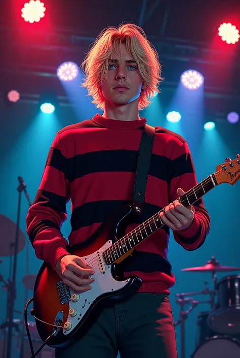 Make me an illustration of a blond man with messy hair that goes past his shoulders, blue eyes and white skin dressed in a red and black striped sweater and baggy pants, that his face is boring and that he has an electric guitar that he plays with his left...