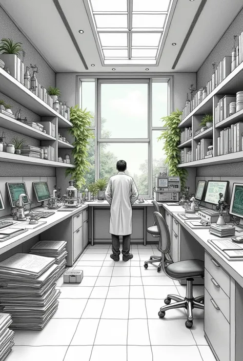 “A detailed pencil-drawn illustration of a futuristic science scene on A4 paper. The image showcases a well-organized laboratory with various scientific equipment, including beakers, microscopes, and computer screens displaying complex data. The scientist ...