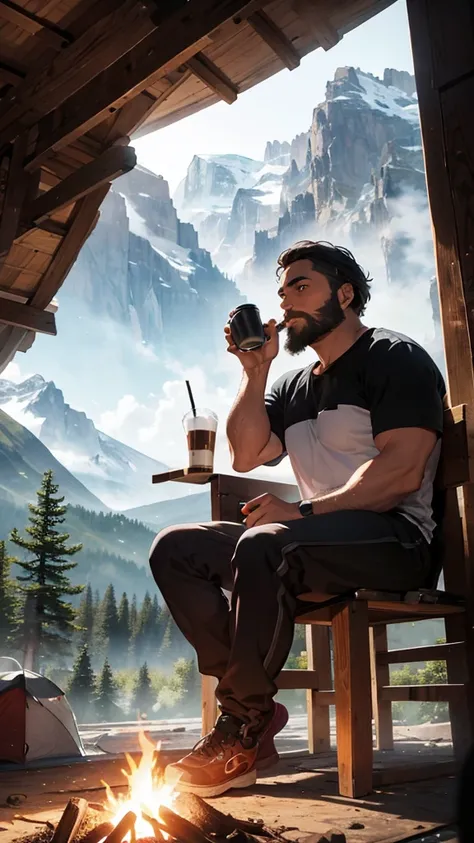 A place with mountains and forests in the background, the full moon appearing and a lit camping tent and a bearded man with black skin sitting on a wooden chair., having a coffee by a campfire