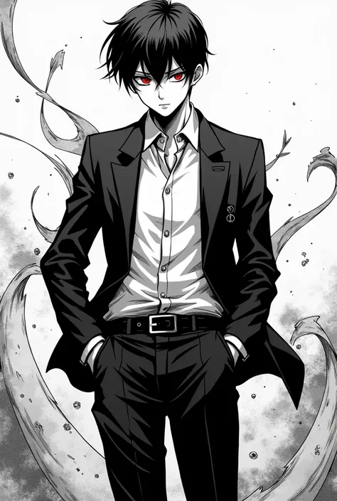 generates an image of a teenager with short black hair and scarlet pupils, a strong body dressed in a suit. All this in a black and white manga style animation