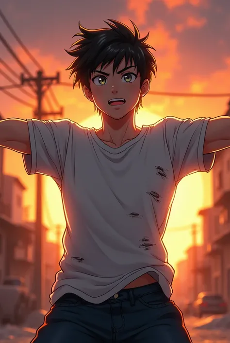 anime style drawing of a strong and powerful boy&#39;s face with his back and arms open with a realistic ripped t-shirt

