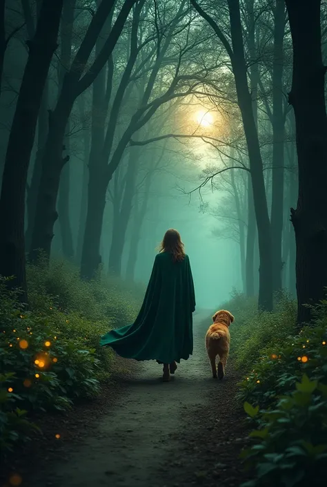 Woman in the dark forest, walking with a pet 
