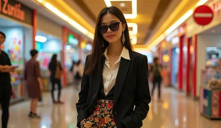 Half Thai and Japanese girl 18 year old , araffe wearing a black and white suit and sunglasses in a mall, wearing Changpant, elephant-patterned pants