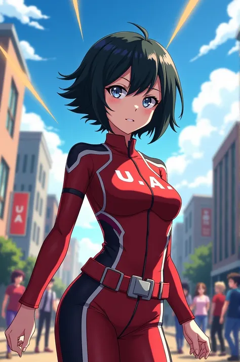 My hero academia girl with short black hair with red and yellow rays silver gray eyes with light Axel, white skin and UA uniform clothing