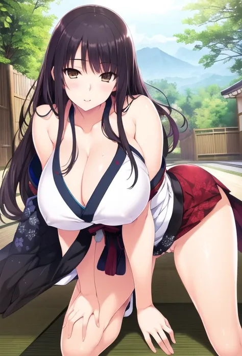 (8k, RAW photo, best quality, masterpiece:1.2),
1girl,solo,mature female,black hair,brown eyes,long hair, (huge breasts:1.1), cleavage,((japanese clothes, bare shoulders)),(upskirt),(camel toe),looking at viewer,leaning forward,outdoors,
 