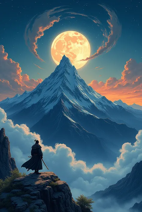  Mountain，moon，high-definition，Perfect composition，atmosphere，full image，Ukiyo-e Concept Art。Orange，Ultra HD，best quality，Ultra-high-detail image quality，8K resolution size 9:16