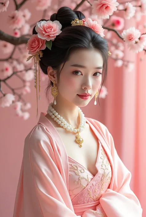 A beautiful Chinese woman, wearing a light pink embroidered Hanfu with floral patterns on the chest and shoulders, delicate makeup, and her black hair in an updo style decorated with flowers. She wears gold jewelry earrings and a necklace made from white j...