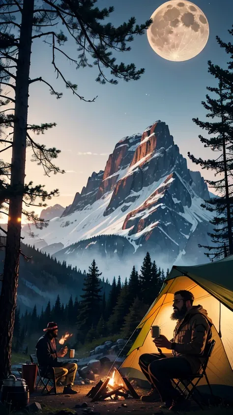 A place with mountains and forests in the background, the full moon appearing and a lit camping tent and a bearded man with black skin sitting on a wooden chair., having a coffee by a campfire