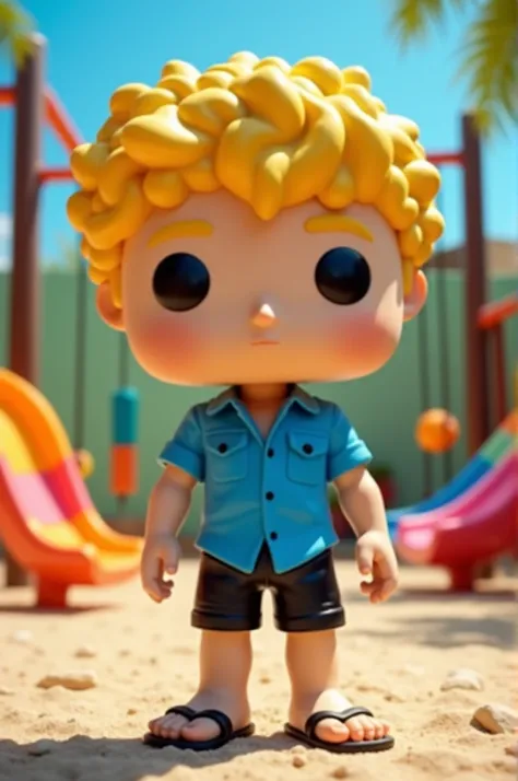 Make a Funko Pop of a Ten Year Old Boy.
curly blond hair, Caucasian skin, Scrawny, shirt blue,black shorts and flip flops.