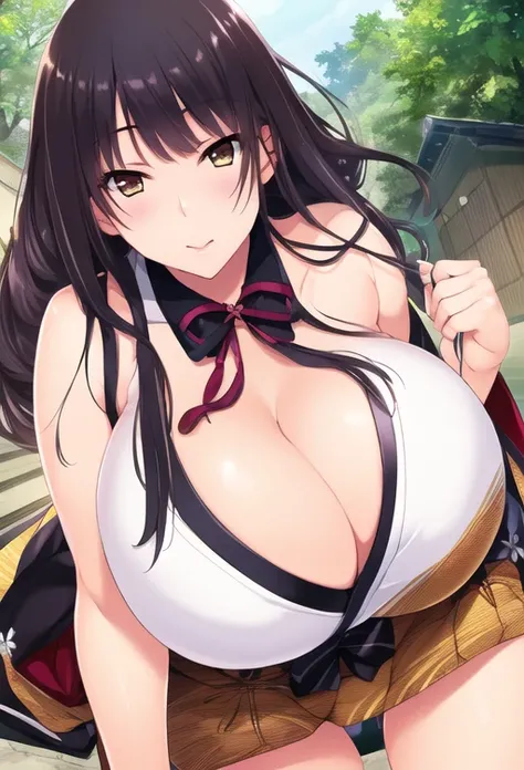 (8k, RAW photo, best quality, masterpiece:1.2),
1girl,solo,mature female,black hair,brown eyes,long hair, (huge breasts:1.2), cleavage,((japanese clothes, bare shoulders)),(upskirt),(camel toe),looking at viewer,leaning forward,outdoors,
 