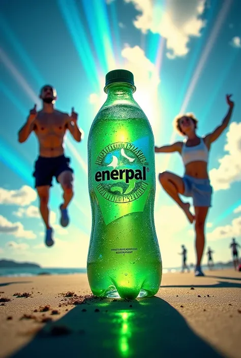 An energy drink from Enerpal on a vibrant background, with diverse people in empowering situations: an athlete in action, man doing yoga