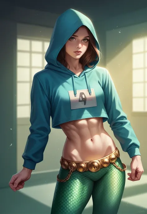 a girl, Thick belly button hoodie, long sleeve, (bare midriff, exposed navel), sexy abs, navel open，completely exposed abdomen, Low-rise hot pants，Exposed lower abdomen，Mermaid Line, groin，metal belt, cowboy shot, summer street, 8k, best quality, masterpie...