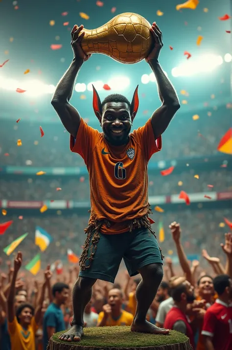 An ugly black elf winning a world cup 