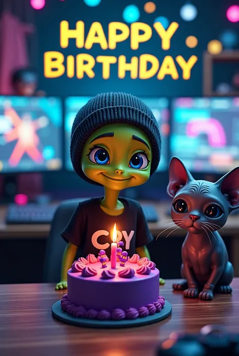 small green male alien, sonrriendo, with a tender face, blue eyes, dressed in a black beanie, Black t-shirt with the name CRY, with a purple cake with a 25th birthday candle, accompanied by a gray Sphynx cat and a pug dog, with large text at the top that s...