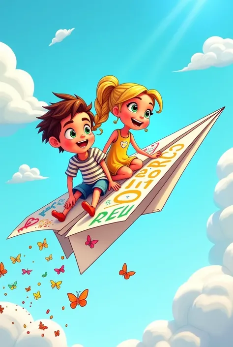 Animated coloring image of a paper airplane with letters with a boy and a girl on it