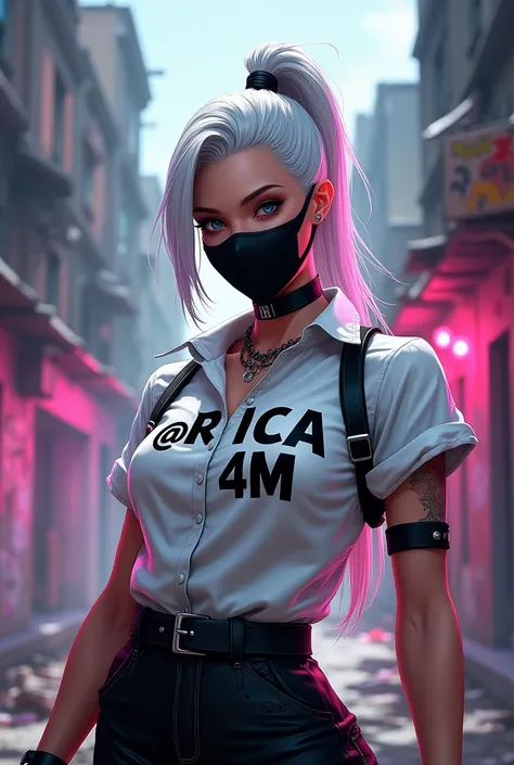 a female character from free fire with a white blouse written @ RICA 4M white hair tied up and black mask