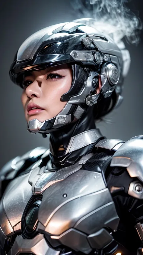 ((Middle-aged women))Textured skin, Super Detail, Attention to detail, high quality, 最high quality, High resolution, 1080P, , (Lie on your back)beautiful,(War Machine),beautifulサイボーグ女性,Mecha Cyborg Girl,()((Heavily damaged armor)),A woman with a feminine m...