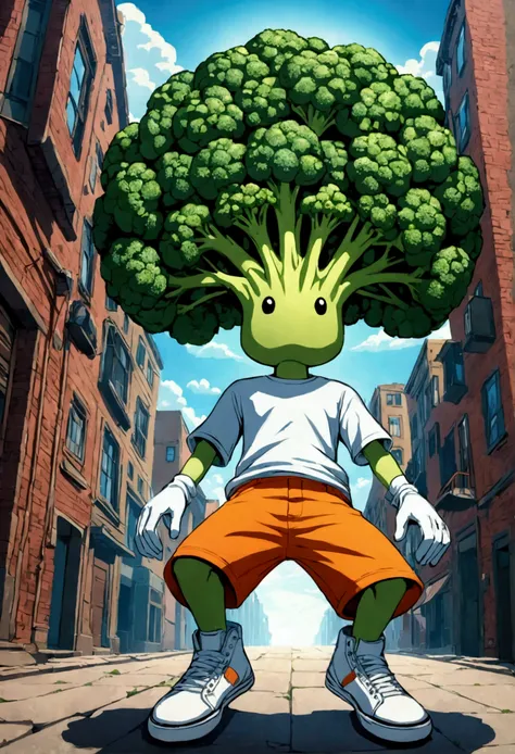 Broccoli is wearing high-top sneakers,comical,Big white gloves,Broccoli head,hip hop,.