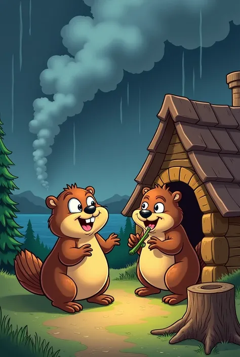 Make me a pair of beavers, one telling him to come into the house because there is a storm and the other not listening to him., with cartoon drawing 