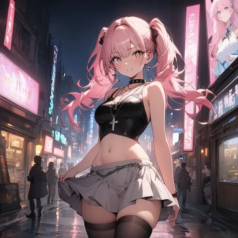 (((anime))) One woman,Gal,Twin Hair,Black Hair,(Pink Hair),Twin ponytail,Ribbon at the base,Pink Earrings,necklace,(cross),Collar with spikes Cool,Look this way,Brown eyes,Large pupils Black,Sleeveless innerwear,Drop shoulder,Short clothes,I can see my bel...