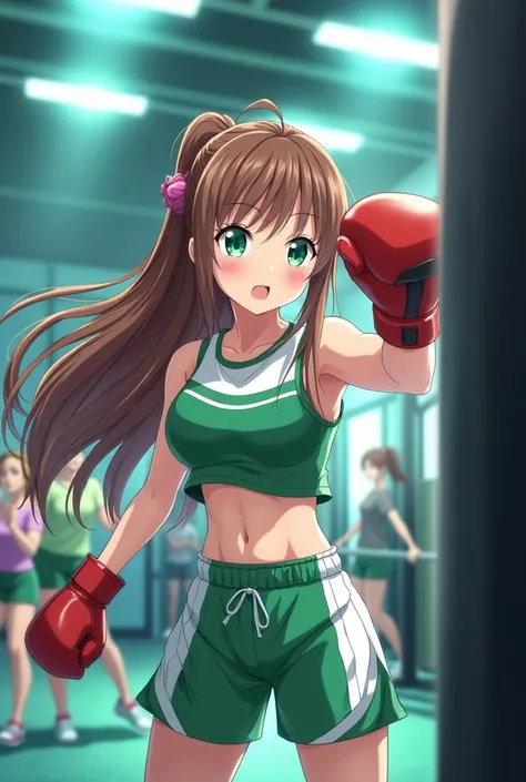 panel  real anime, a girl with Brown hair, large hair, green eyes, in the gym, white, , with green gym set Punch and nervious.
