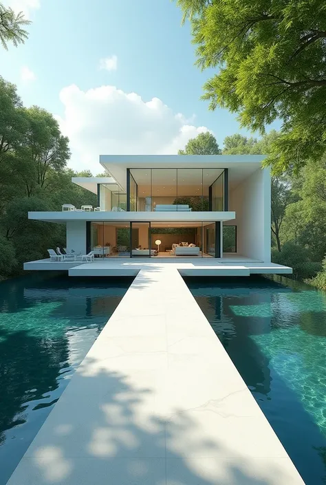 a picture of an open house, with all the walls made of glass on top of a white base, that looks like a long path that forms a long bridge over the water, that looks like a huge river. It is visible inside the two-story house. The place is open air, well-li...