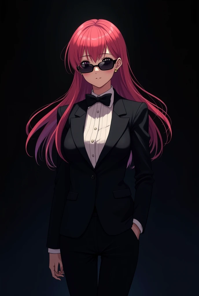 20 years old Anime girl wearing black tuxedo with black shades and black background 