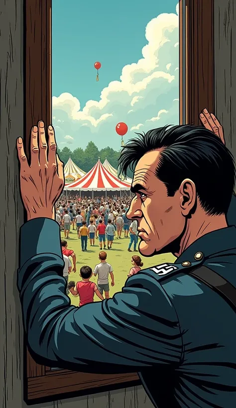 I want an image of a Nazi soldier closing a wooden window where a festival can be seen, by day and in comic style and dark without a hat, 40 years old 