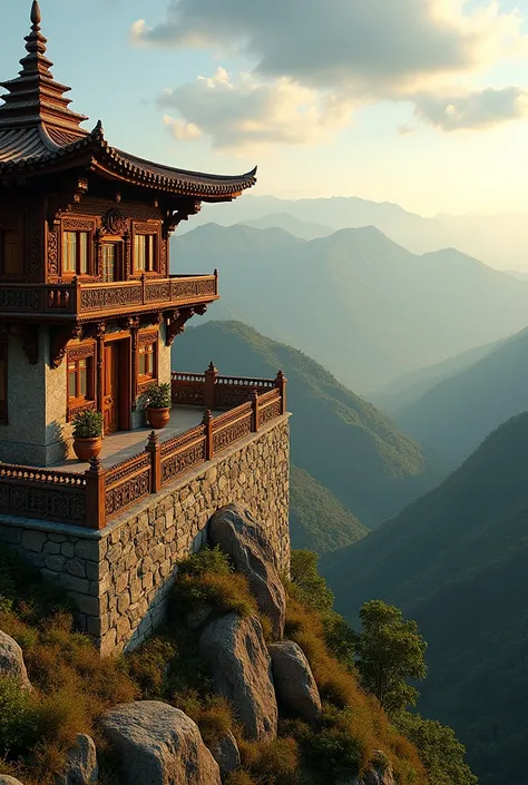 Simple viewpoint on a summit with traditional architecture of wood carvings that also uses stone from Samaipata, Bolivia 