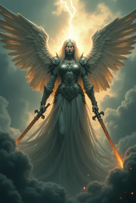 A ghastly-headed glowing angel deity carrying 2 holy swords and holy armor descends from the sky to fight