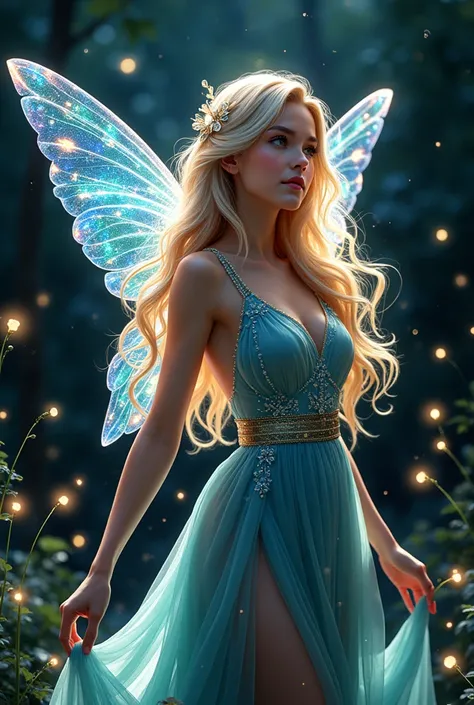 The image depicts a mesmerizing full-body portrayal of a delicate fairy surrounded by glowing fireflies, embodying innocence and purity. Her slim,  figure is adorned with ethereal wings crafted from crystal, reflecting soft, radiant light in a myriad of co...