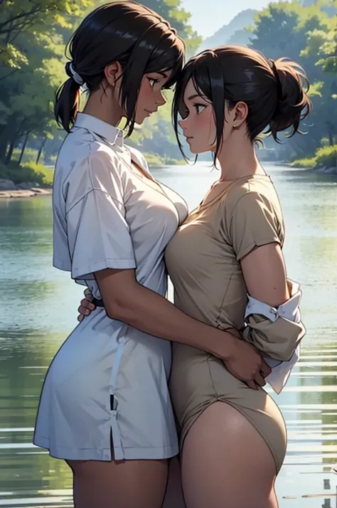 （masterpiece，high quality），A tall girl with a chestnut-colored bob cut, large breasts, and a kind face, and a slightly shorter, slim girl with black hair in a ponytail.、Two girls with intense eyes face each other，Leading the way，Anime，See each other，Embrac...